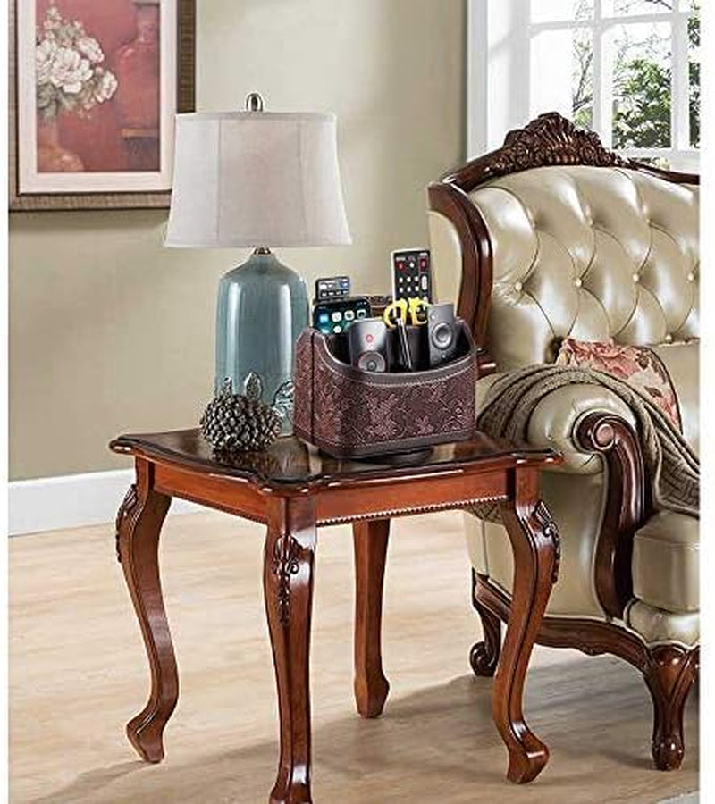 PUSU Leather 360°Rotatable Remote Control Holder,Nightstand TV Remote Caddy,Office Supplies Desktop Organizer,Spinning Storage Box for Pen,Mail,Phone,Dvd, Blu-Ray, Media Player, Heater Controllers