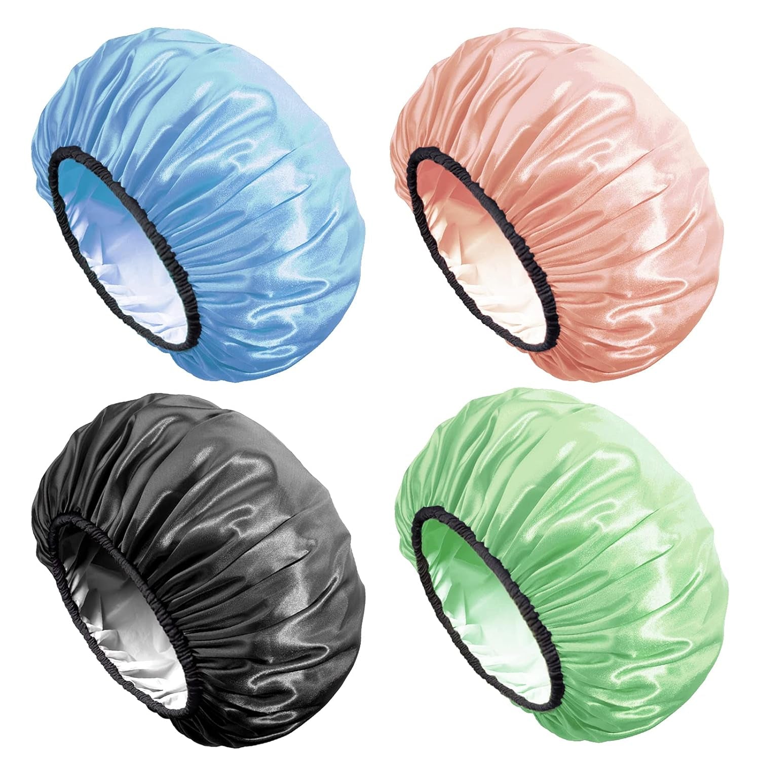 Aquior Shower Cap,4-Pack Large Shower Caps for Women Long Hair, Premium Soft Silky Satin Reusable Hair Cap for All Hair Lengths and Big Hairstyles