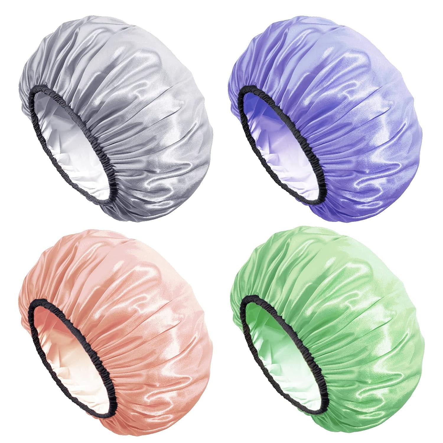 Aquior Shower Cap,4-Pack Large Shower Caps for Women Long Hair, Premium Soft Silky Satin Reusable Hair Cap for All Hair Lengths and Big Hairstyles