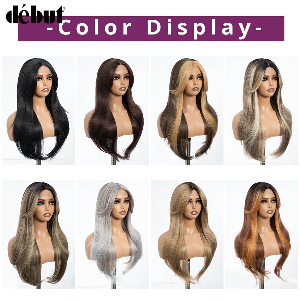 DÉBUT Highlight Ombre Brown Dirty Blonde Layered Wigs with Curtain Bangs, Synthetic Lace Front Wigs with Bangs, Long Straight Middle Part HD Lace Wig with Natural Hairline 26 Inches Wigs for Women