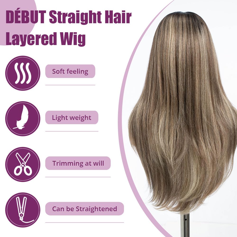 DÉBUT Highlight Ombre Brown Dirty Blonde Layered Wigs with Curtain Bangs, Synthetic Lace Front Wigs with Bangs, Long Straight Middle Part HD Lace Wig with Natural Hairline 26 Inches Wigs for Women