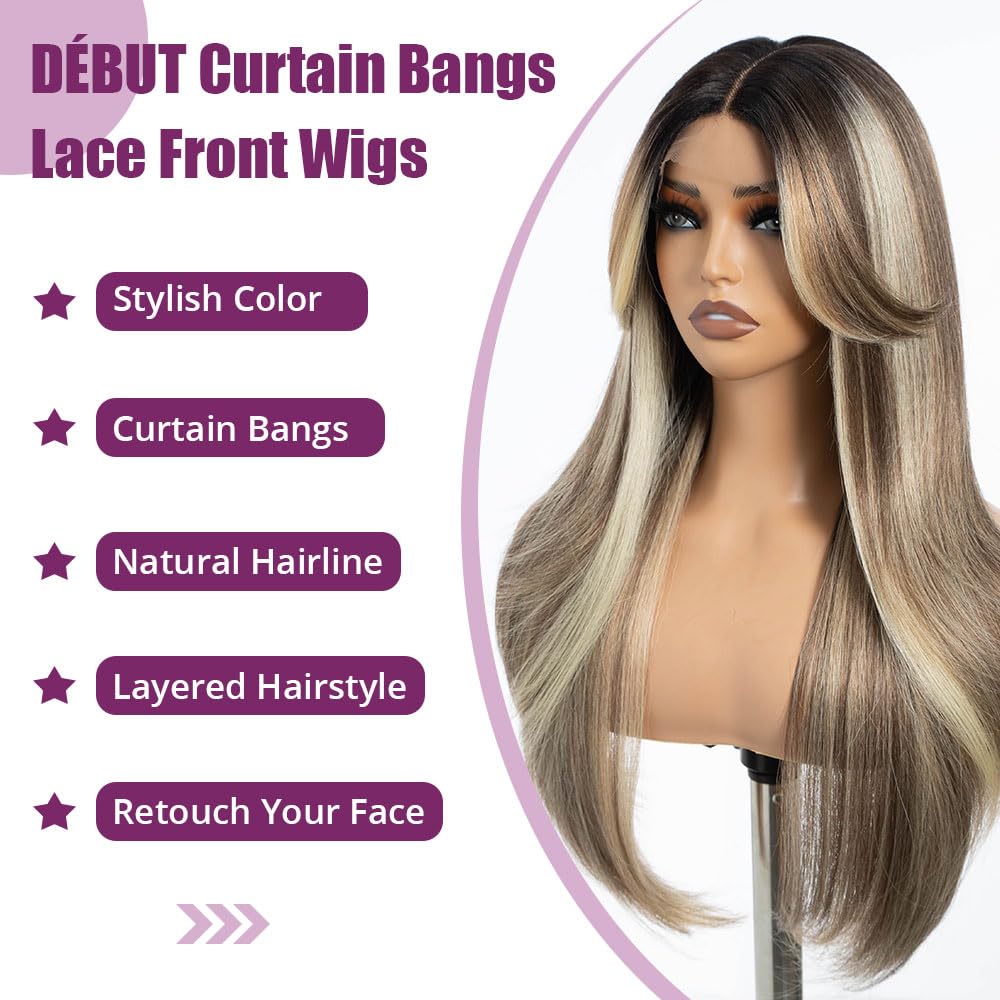 DÉBUT Highlight Ombre Brown Dirty Blonde Layered Wigs with Curtain Bangs, Synthetic Lace Front Wigs with Bangs, Long Straight Middle Part HD Lace Wig with Natural Hairline 26 Inches Wigs for Women