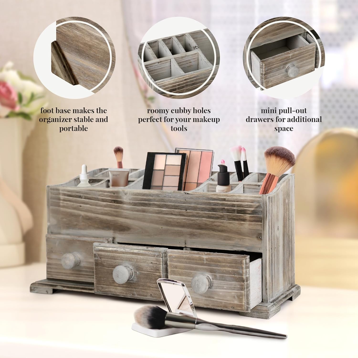Besti Rustic Vanity Organizer for Cosmetics, Makeup, and Bathroom Accessories, Wooden Farmhouse Storage Box with 3 Drawers, Vintage Countertop, Dresser, or Desk Organization