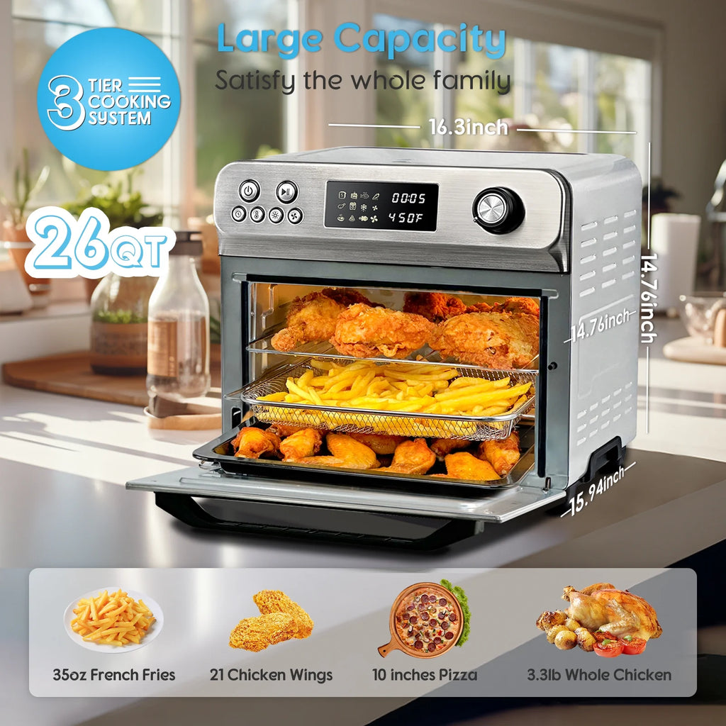 Hysapientia 26QT Air Fryer Oven with Rotisserie 1800W Toaster Oven Air Fryer Combo, 10 in 1 Convection Oven Countertop, Airfryer Toaster Oven, Mini Toaster Oven,Easy to Clean