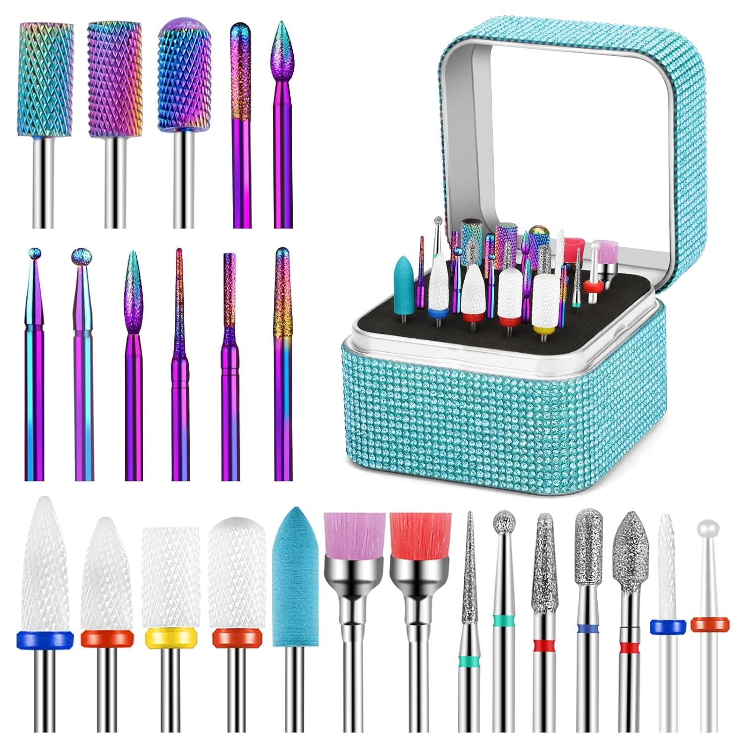25Pcs Nail Drill Bits Set with Storage Box, 3/32 Inch Tungsten Ceramic Diamond Carbide Nail Drill Bits for Acrylic Gel Polish, Cuticle Efile Remover for Manicure Pedicure