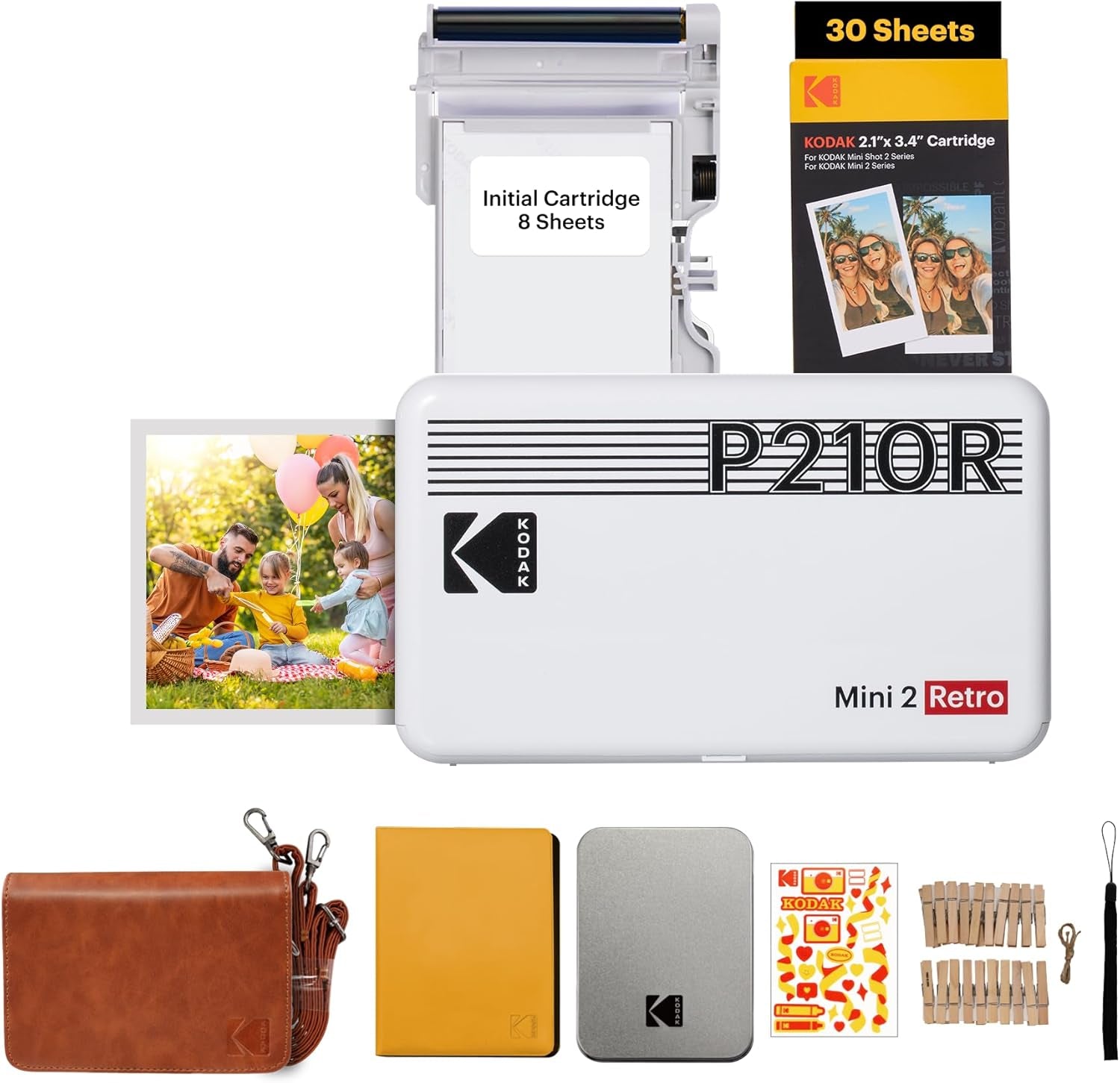 KODAK Mini 2 Retro 4PASS Portable Photo Printer (2.1X3.4 Inches) + 8 Sheets, White