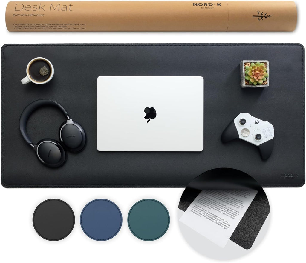 Nordik Leather Desk Mat - Whiskey Brown - Cable Organizer - Premium Mouse Mat & Desk Pad Protector - 35 X 17 Inch - Felt Vegan Leather - Large Office Mouse Pad & Blotter