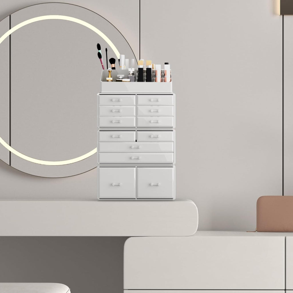 Readaeer Makeup Cosmetic Organizer Storage Drawers Display Boxes Case with 12 Drawers (White)