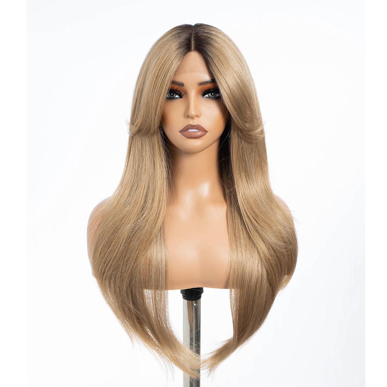 DÉBUT Highlight Ombre Brown Dirty Blonde Layered Wigs with Curtain Bangs, Synthetic Lace Front Wigs with Bangs, Long Straight Middle Part HD Lace Wig with Natural Hairline 26 Inches Wigs for Women
