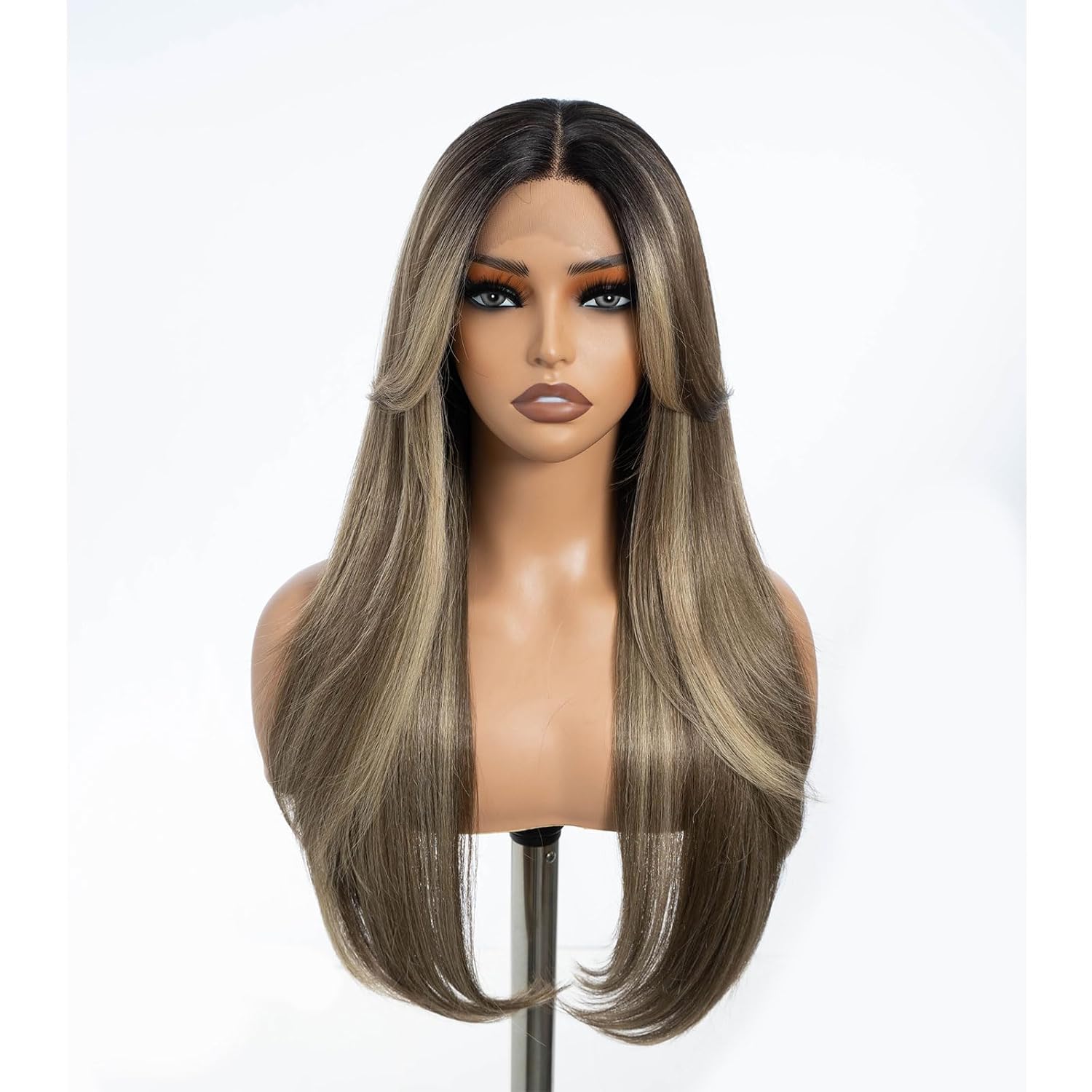 DÉBUT Highlight Ombre Brown Dirty Blonde Layered Wigs with Curtain Bangs, Synthetic Lace Front Wigs with Bangs, Long Straight Middle Part HD Lace Wig with Natural Hairline 26 Inches Wigs for Women