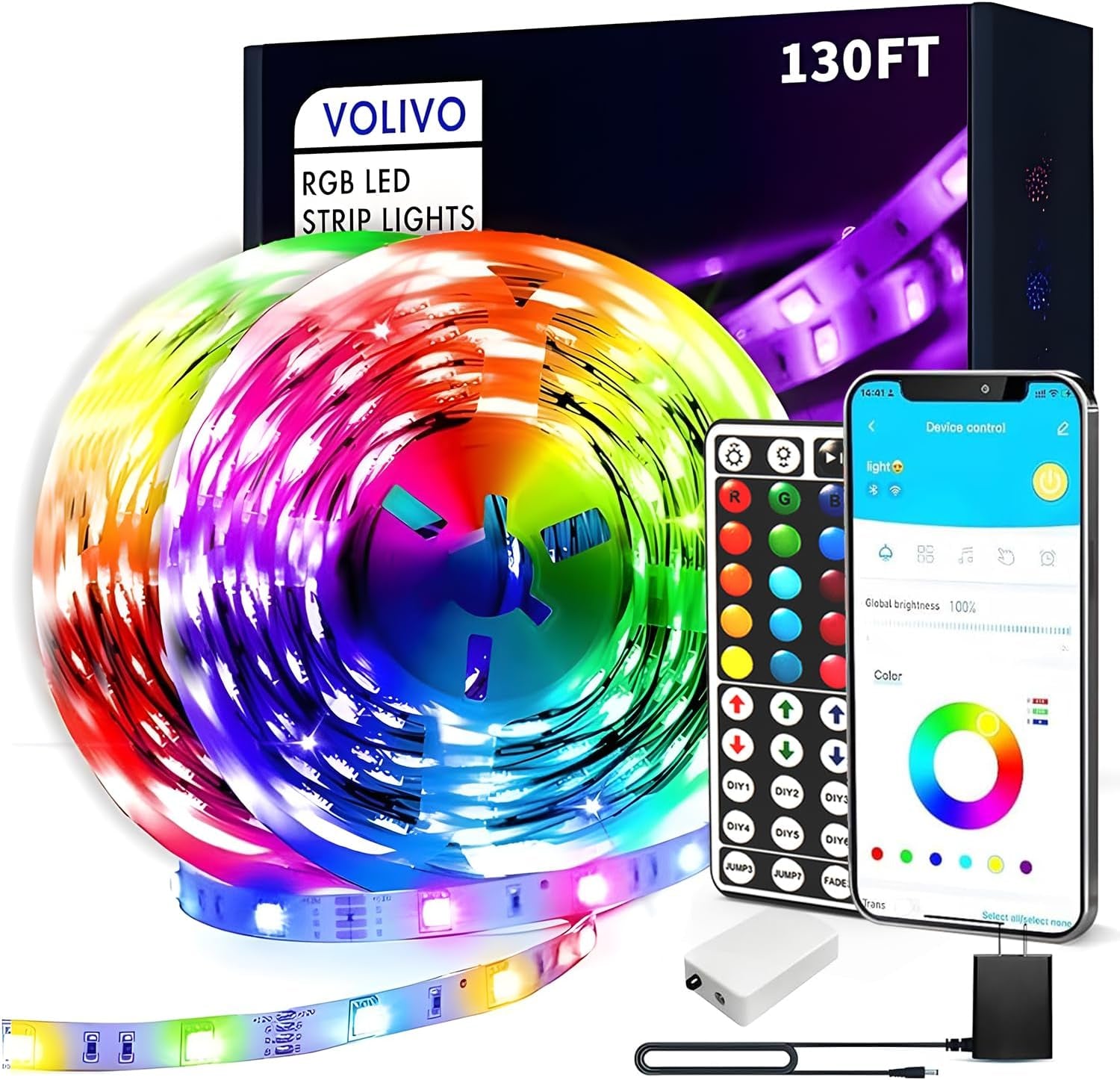 VOLIVO 100Ft Led Strip Lights for Bedroom, Color Changing Led Light Strips Kit with 24 Keys IR Remote and Smart App Control, RGB Music Sync Lighting for Room, Home Decor