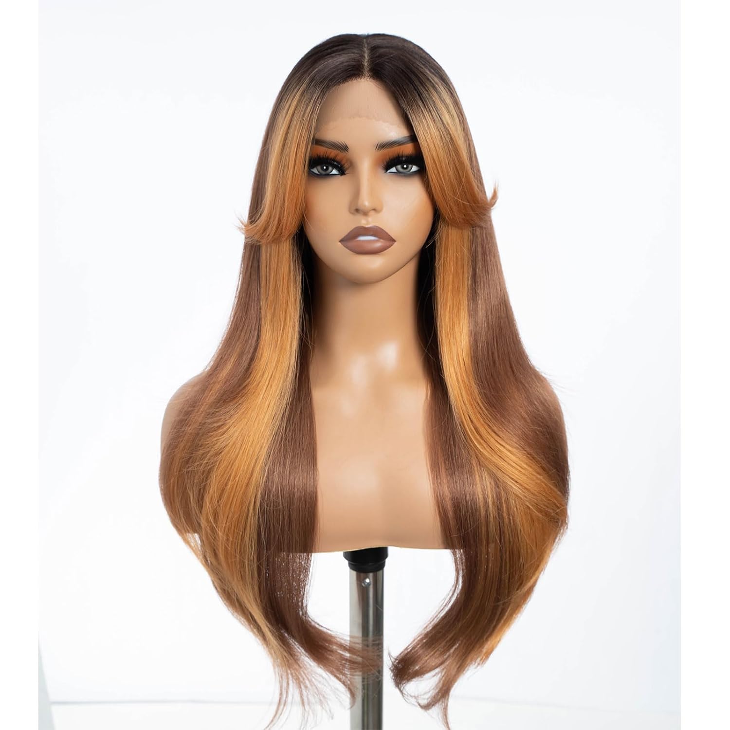 DÉBUT Highlight Ombre Brown Dirty Blonde Layered Wigs with Curtain Bangs, Synthetic Lace Front Wigs with Bangs, Long Straight Middle Part HD Lace Wig with Natural Hairline 26 Inches Wigs for Women