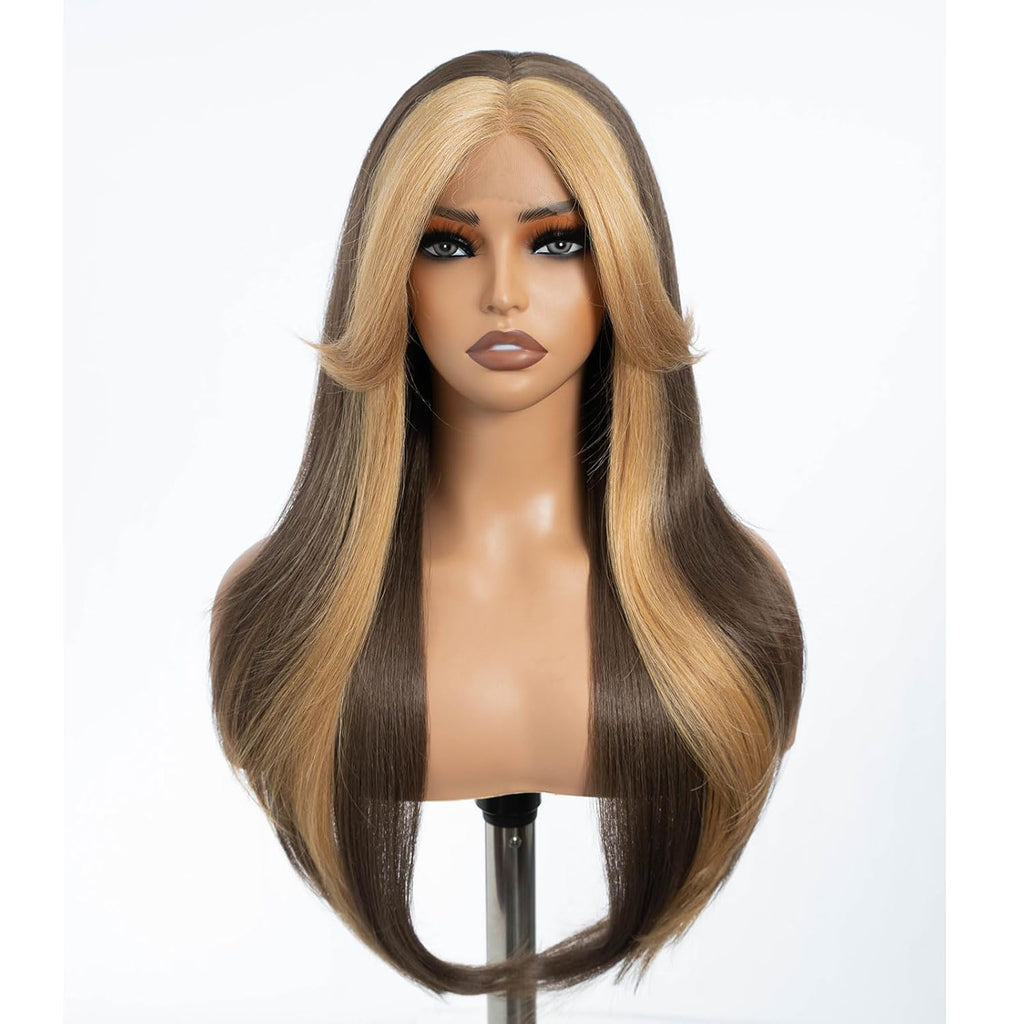 DÉBUT Highlight Ombre Brown Dirty Blonde Layered Wigs with Curtain Bangs, Synthetic Lace Front Wigs with Bangs, Long Straight Middle Part HD Lace Wig with Natural Hairline 26 Inches Wigs for Women
