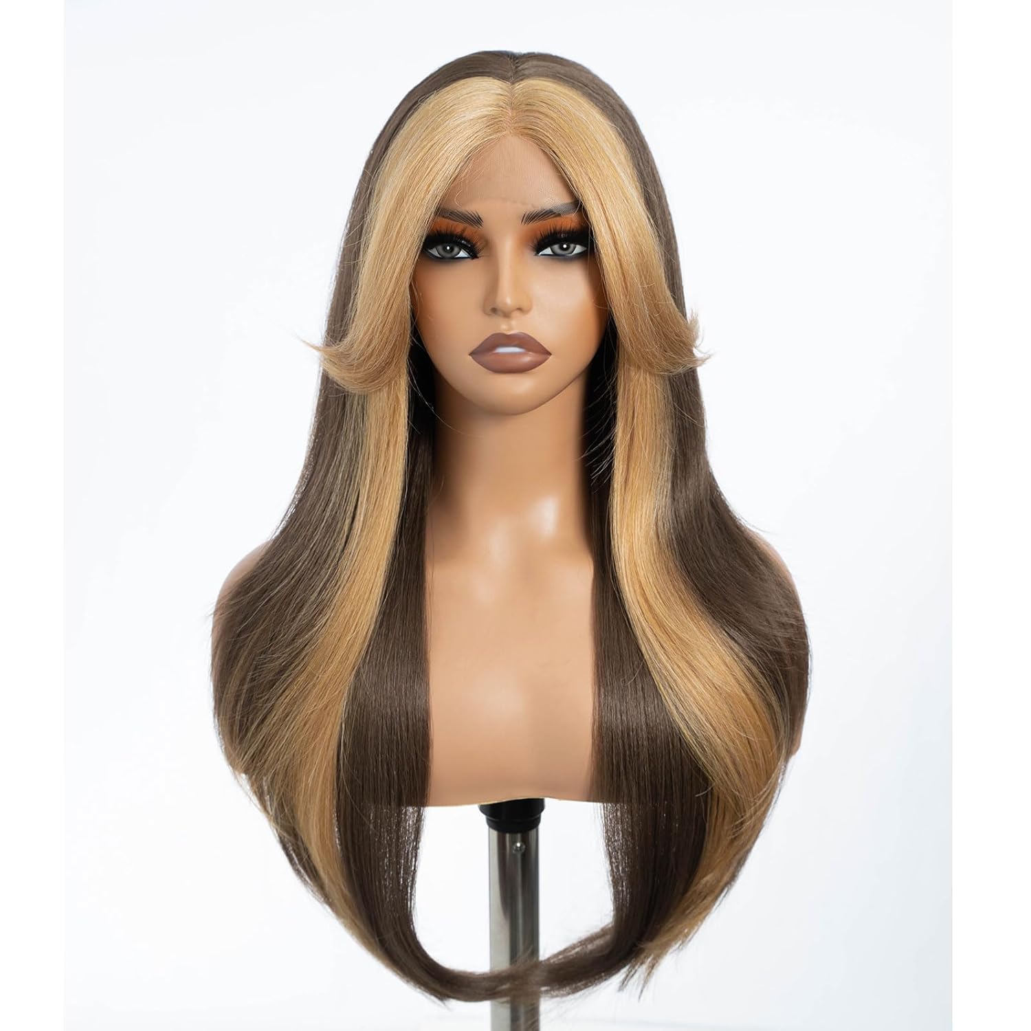 DÉBUT Highlight Ombre Brown Dirty Blonde Layered Wigs with Curtain Bangs, Synthetic Lace Front Wigs with Bangs, Long Straight Middle Part HD Lace Wig with Natural Hairline 26 Inches Wigs for Women