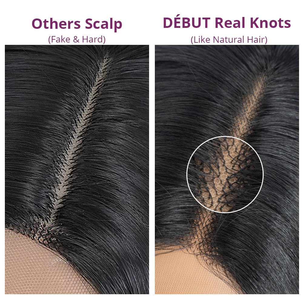 DÉBUT Highlight Ombre Brown Dirty Blonde Layered Wigs with Curtain Bangs, Synthetic Lace Front Wigs with Bangs, Long Straight Middle Part HD Lace Wig with Natural Hairline 26 Inches Wigs for Women