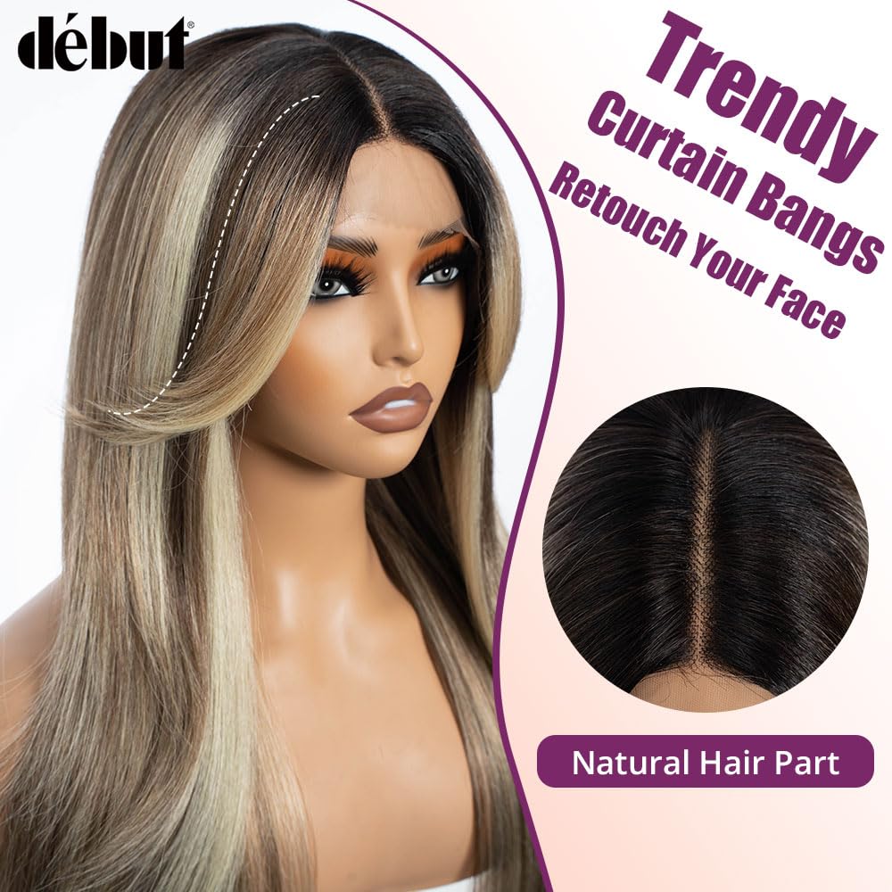 DÉBUT Highlight Ombre Brown Dirty Blonde Layered Wigs with Curtain Bangs, Synthetic Lace Front Wigs with Bangs, Long Straight Middle Part HD Lace Wig with Natural Hairline 26 Inches Wigs for Women