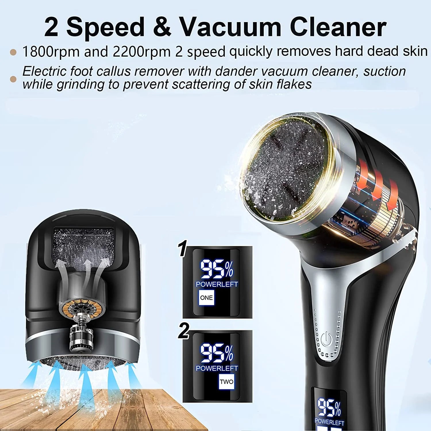 Prociv Electric Foot Callus Remover with Vacuum Cleaner, Rechargeable Foot File Dead Skin Remover with 2 Speed, 3 Grinding Head, LCD Display, Professional Kit for Foot Care Black