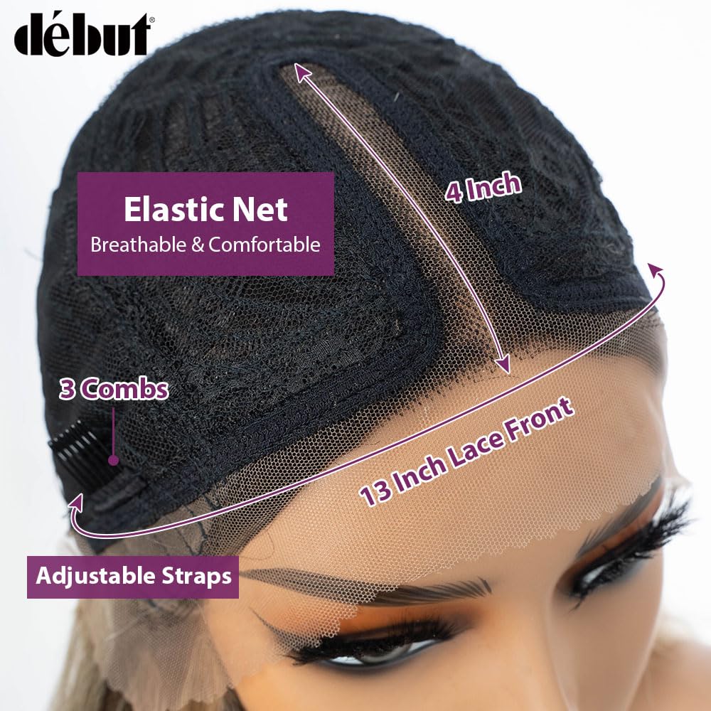 DÉBUT Highlight Ombre Brown Dirty Blonde Layered Wigs with Curtain Bangs, Synthetic Lace Front Wigs with Bangs, Long Straight Middle Part HD Lace Wig with Natural Hairline 26 Inches Wigs for Women