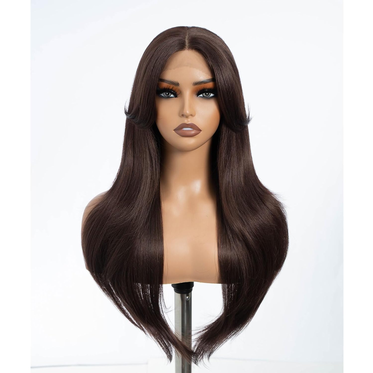 DÉBUT Highlight Ombre Brown Dirty Blonde Layered Wigs with Curtain Bangs, Synthetic Lace Front Wigs with Bangs, Long Straight Middle Part HD Lace Wig with Natural Hairline 26 Inches Wigs for Women