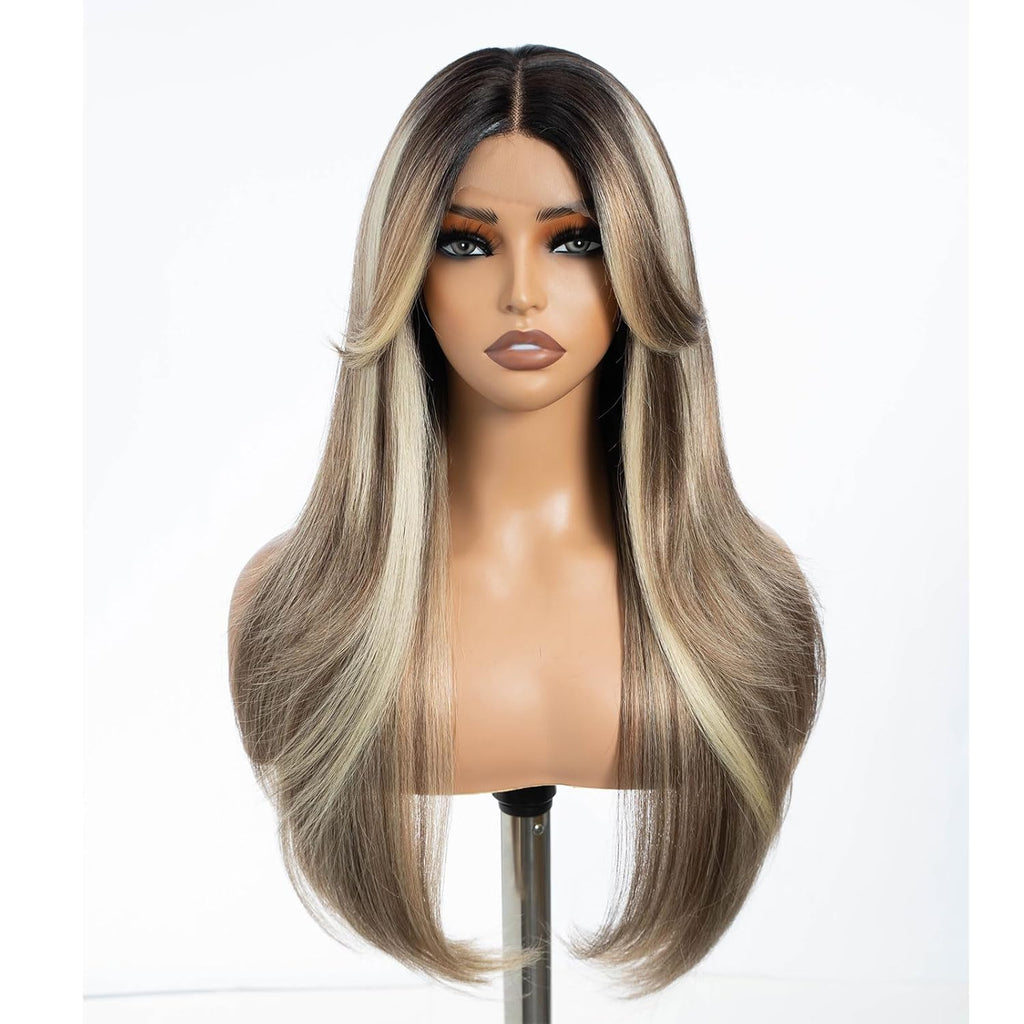 DÉBUT Highlight Ombre Brown Dirty Blonde Layered Wigs with Curtain Bangs, Synthetic Lace Front Wigs with Bangs, Long Straight Middle Part HD Lace Wig with Natural Hairline 26 Inches Wigs for Women