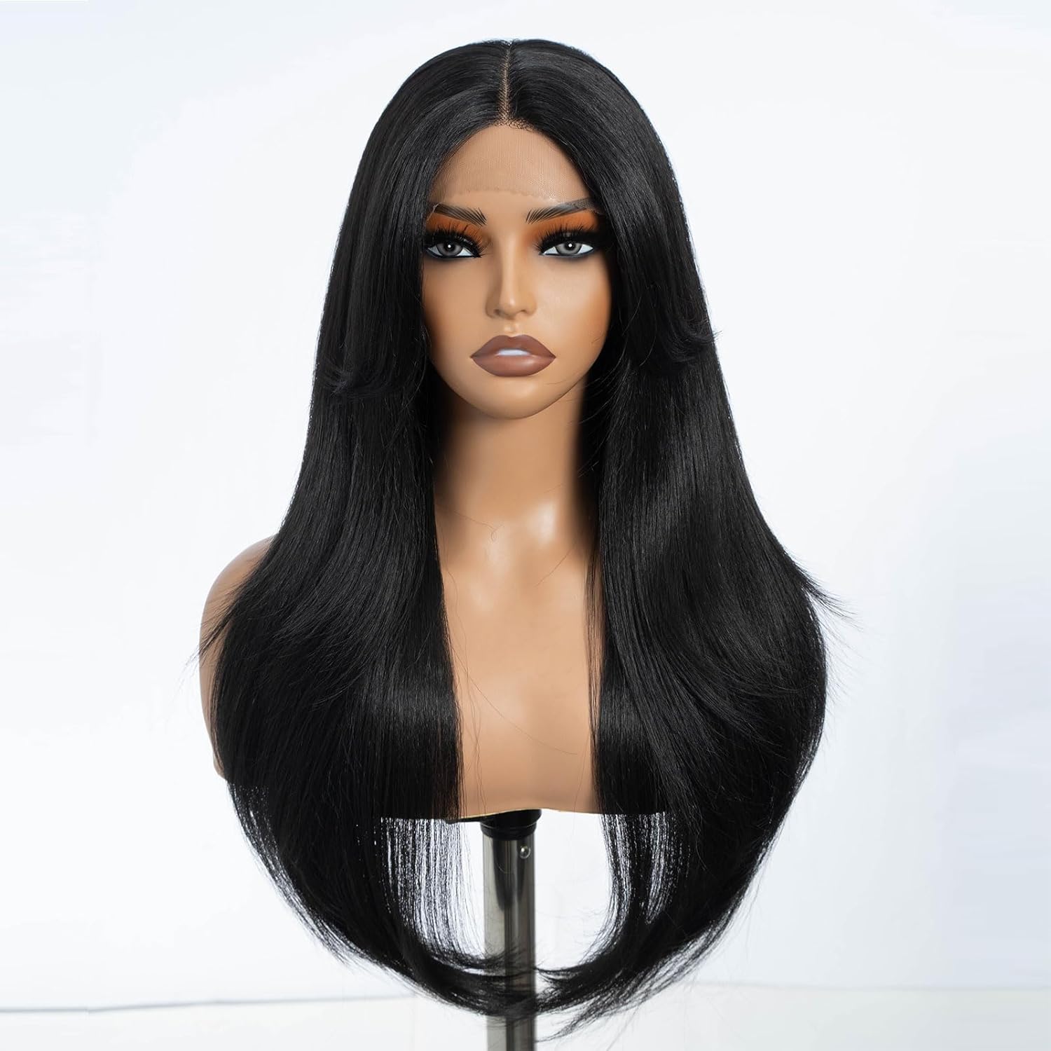 DÉBUT Highlight Ombre Brown Dirty Blonde Layered Wigs with Curtain Bangs, Synthetic Lace Front Wigs with Bangs, Long Straight Middle Part HD Lace Wig with Natural Hairline 26 Inches Wigs for Women