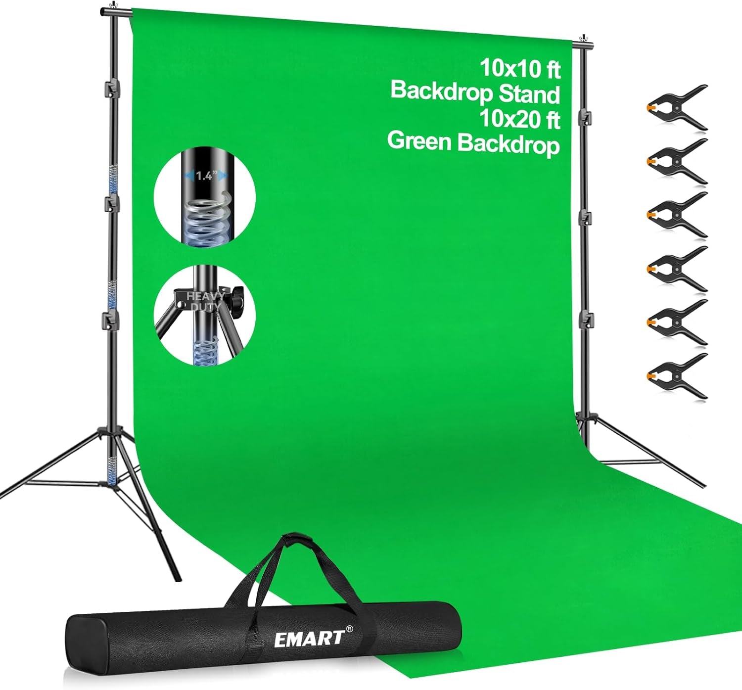 EMART Photo Video Studio 8.5 X 10Ft Green Screen Backdrop Stand Kit, Photography Background Support System with 10 X12Ft 100% Cotton Muslin Chromakey Curtain