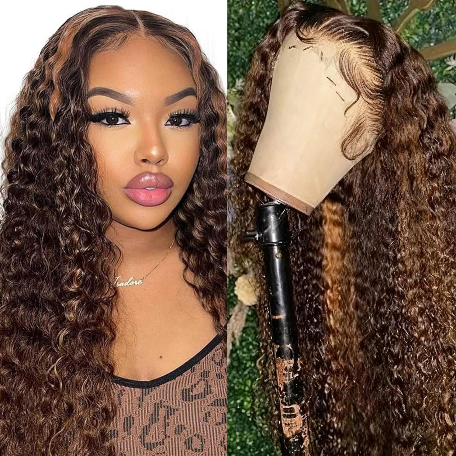 Curly Human Hair Wig Highlight P4/30 Lace Frontal Closure Deep Wave Human Hair Wig Pre Plucked Pre Cut Lace Frontal Closure Closure Glueless Wigs Elastic Band 200% Density, 18 Inch