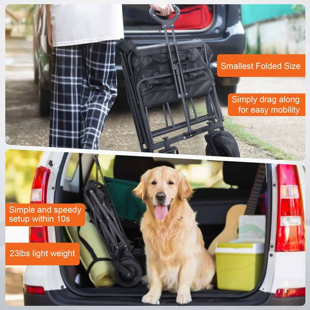 Qunler 560Lbs Collapsible Folding Wagon, Big Bucket Beach Cart, Heavy Duty Large Capacity Garden Wagon with Multi-Terrain Brake Wheels for Outdoor Camping, Shopping, Sports, Grocery, Kids, Black