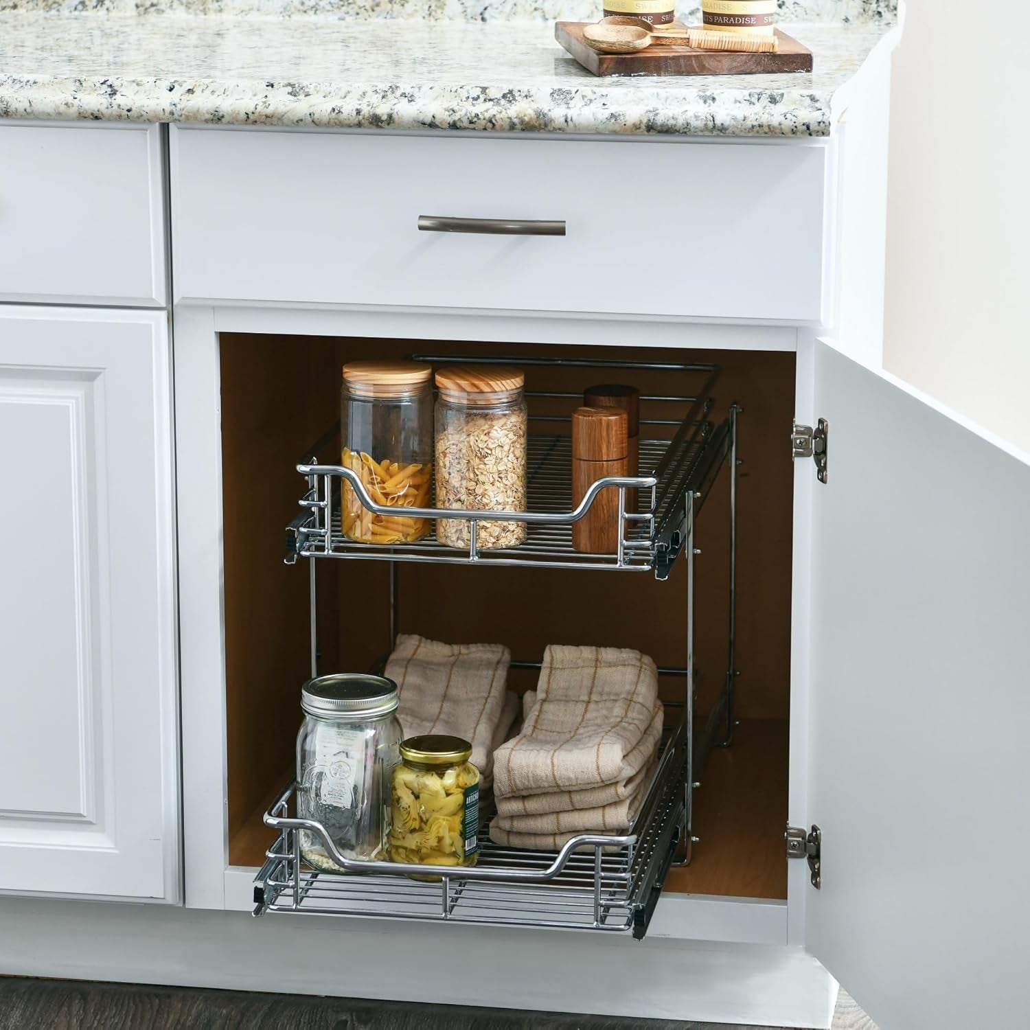 Household Essentials Glidez Multipurpose Chrome-Plated Steel Pull-Out/Slide-Out Basket Storage Organizer for under Cabinet Use - 2-Tier Design - Fits Standard Size Cabinet or Shelf, Chrome