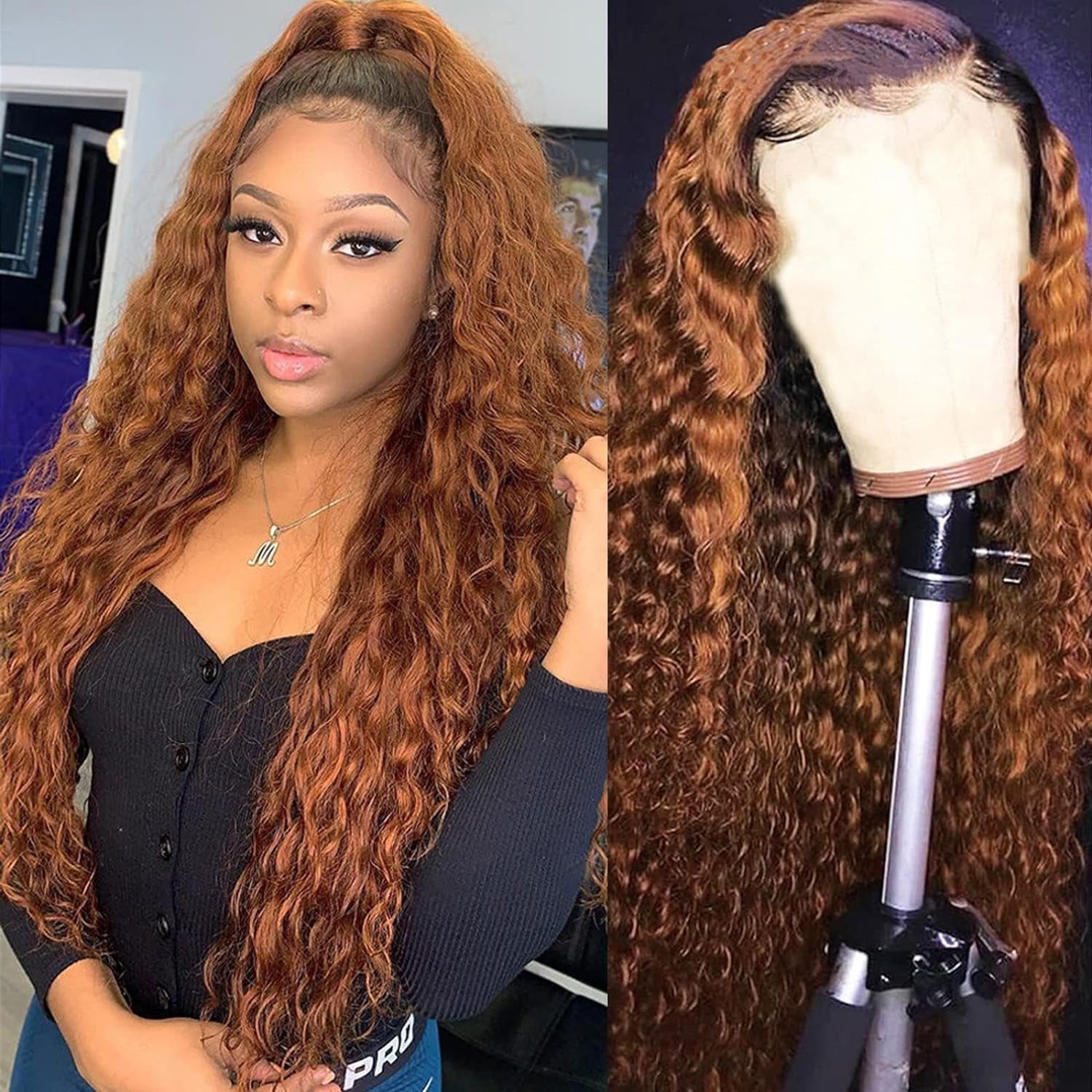 Curly Human Hair Wig Highlight P4/30 Lace Frontal Closure Deep Wave Human Hair Wig Pre Plucked Pre Cut Lace Frontal Closure Closure Glueless Wigs Elastic Band 200% Density, 18 Inch