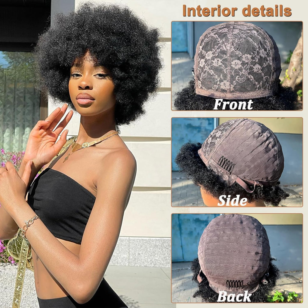 Afro Wig 70S Human Hair for Women(6 Inch) Gluless Short Afro Kinky Curly Wigs with Bangs for Black Women,200 Density Big Afro Puff Wig for Daily Use