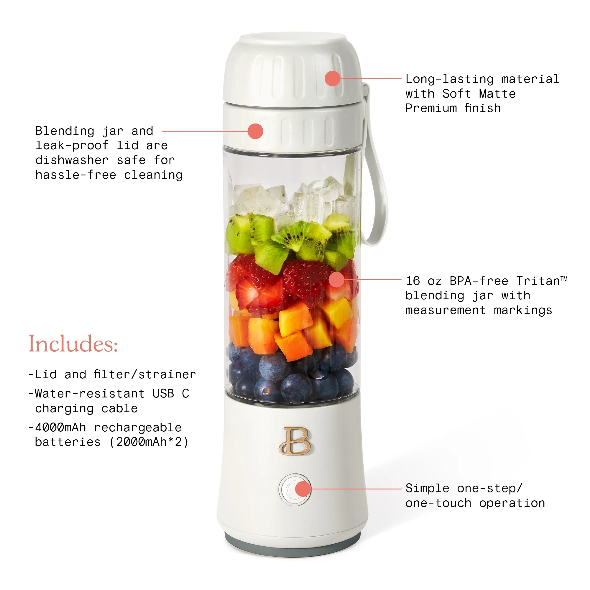 Beautiful Portable To-Go Blender 2.0, 70 W, 16 Oz, White Icing by Drew Barrymore