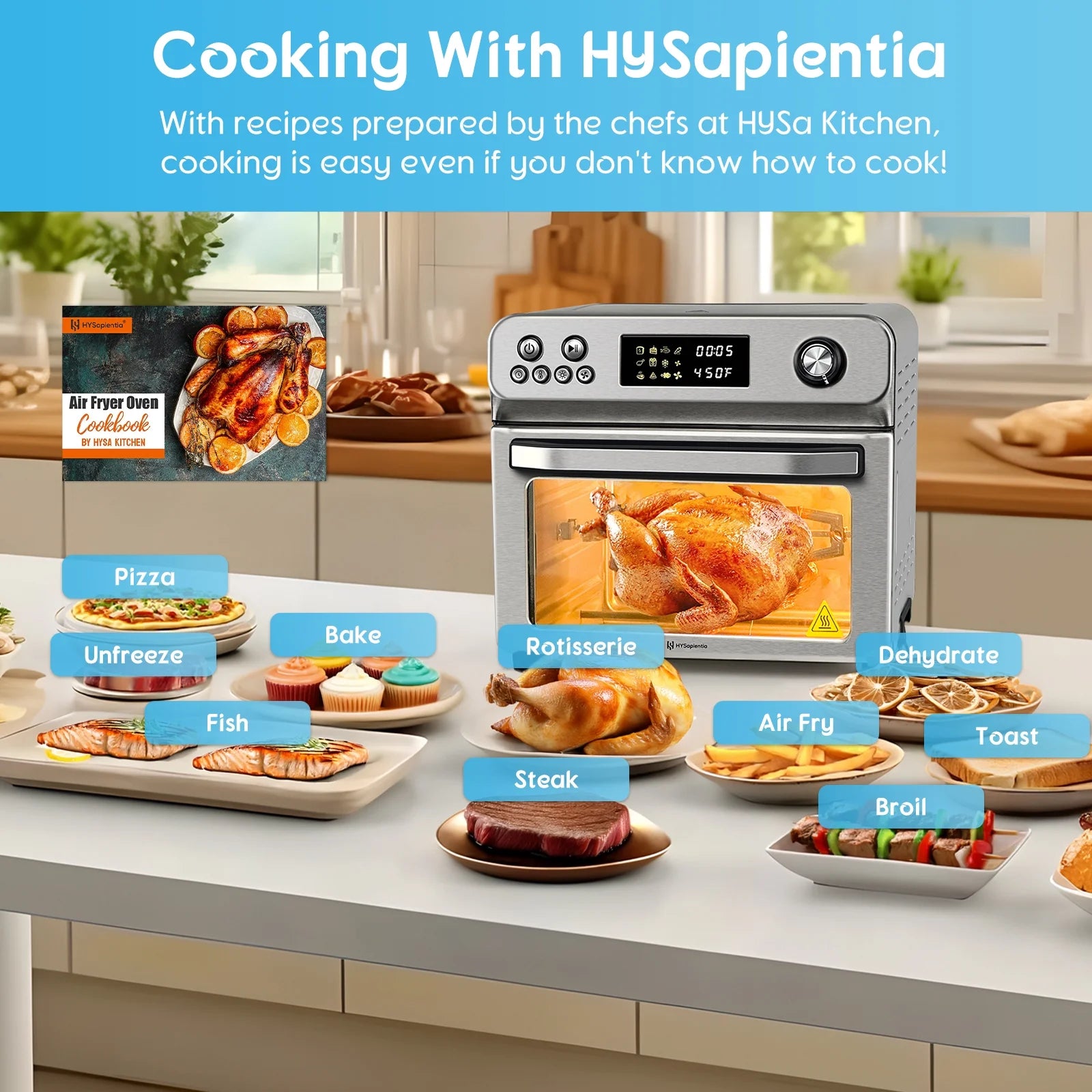 Hysapientia 26QT Air Fryer Oven with Rotisserie 1800W Toaster Oven Air Fryer Combo, 10 in 1 Convection Oven Countertop, Airfryer Toaster Oven, Mini Toaster Oven,Easy to Clean