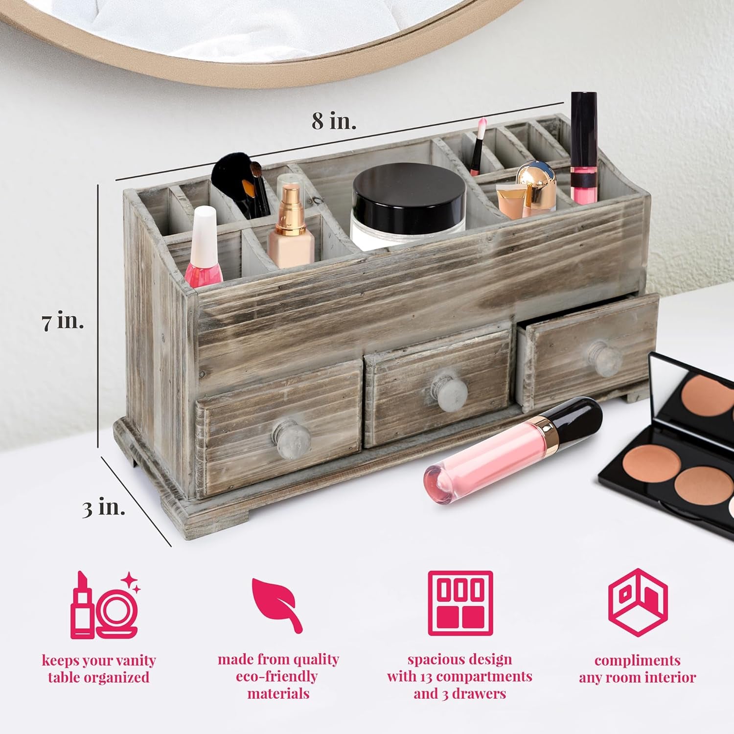 Besti Rustic Vanity Organizer for Cosmetics, Makeup, and Bathroom Accessories, Wooden Farmhouse Storage Box with 3 Drawers, Vintage Countertop, Dresser, or Desk Organization