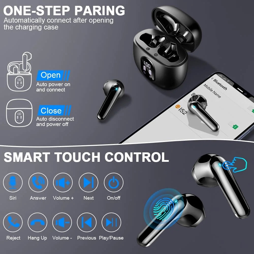 Wireless Earbuds, Bluetooth Headset with Microphone Touch Control , Bluetooth Headphones V5.3 with Wireless Charging Case & LED Power Display, High-Fidelity Stereo Earphones for Sports and Work