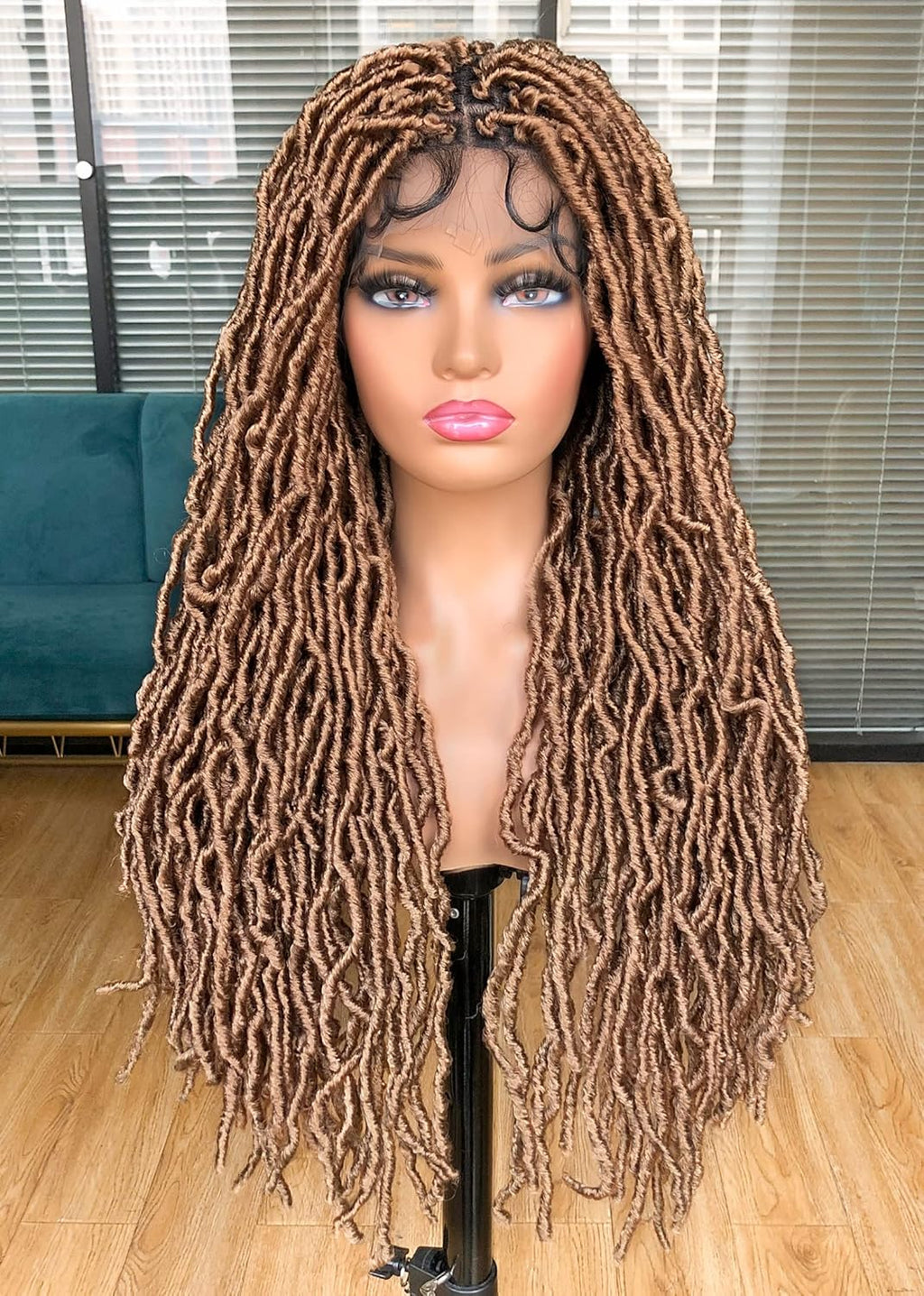 Annivia 32Inch Full Double Lace Box Braided Wigs for Black Women Faux Locs Square Knotless Wigs with Baby Hair Long Dreadlock Wig Natural Black Hand-Braided Synthetic Twist Lace Locs Wig Blonde