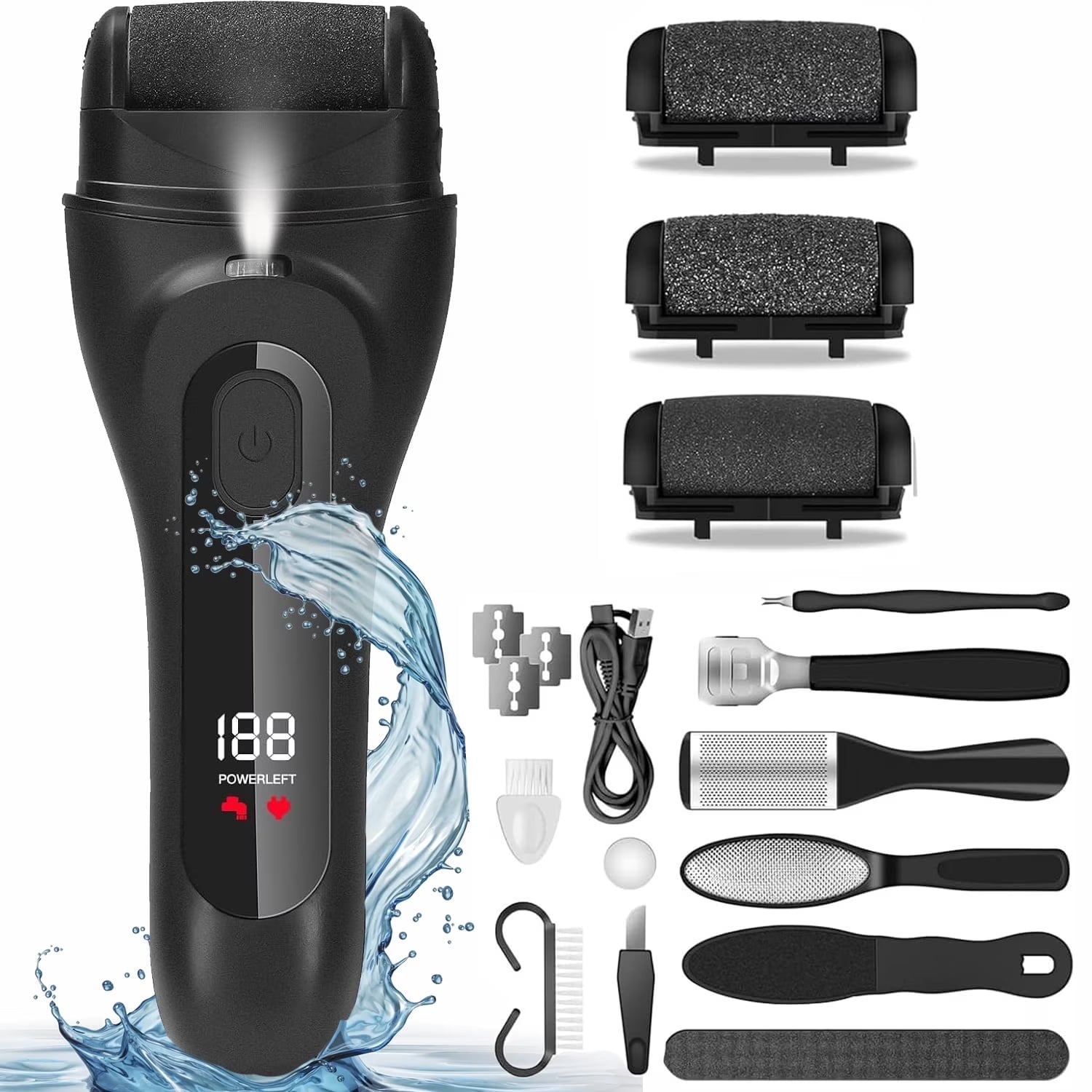 Wiher Electric Foot Callus Remover, LED Light & Display Electric Foot File, Waterproof Electric Foot Filer, 3 Replacement Rollers & USB-C Charging Foot Sanders for Feet Black