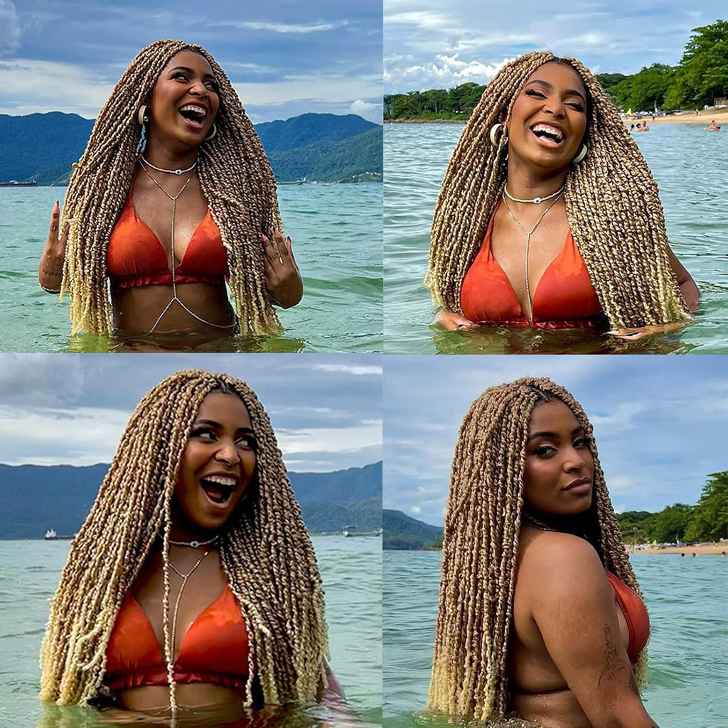 Annivia Passion Twist Braided Wigs for Black Women Full Lace Knotless Braided Wigs with Baby Hair Passion Twist Water Wave Crochet Hair Premium Synthetic Lace Faux Locs Braiding Wig(27/613 24Inch)