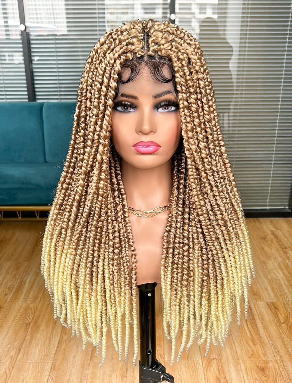 Annivia Passion Twist Braided Wigs for Black Women Full Lace Knotless Braided Wigs with Baby Hair Passion Twist Water Wave Crochet Hair Premium Synthetic Lace Faux Locs Braiding Wig(27/613 24Inch)