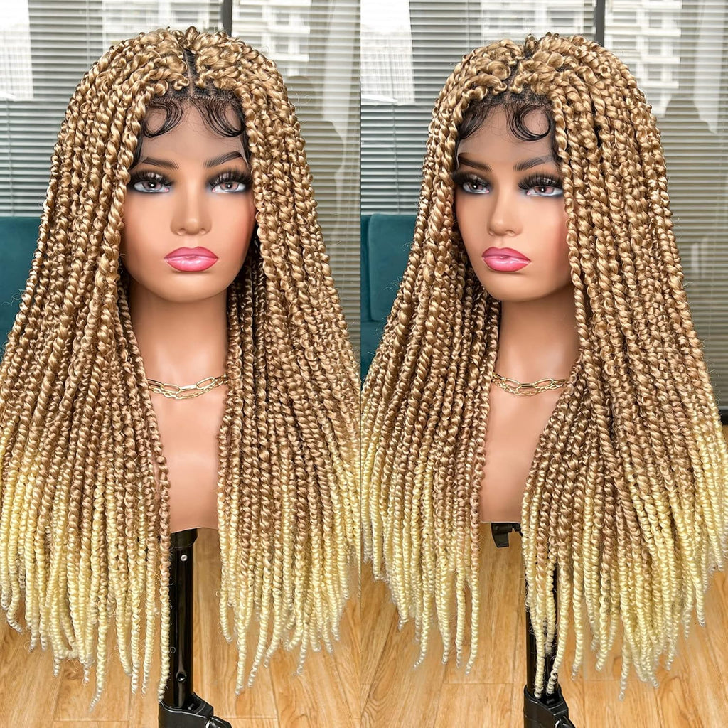 Annivia Passion Twist Braided Wigs for Black Women Full Lace Knotless Braided Wigs with Baby Hair Passion Twist Water Wave Crochet Hair Premium Synthetic Lace Faux Locs Braiding Wig(27/613 24Inch)