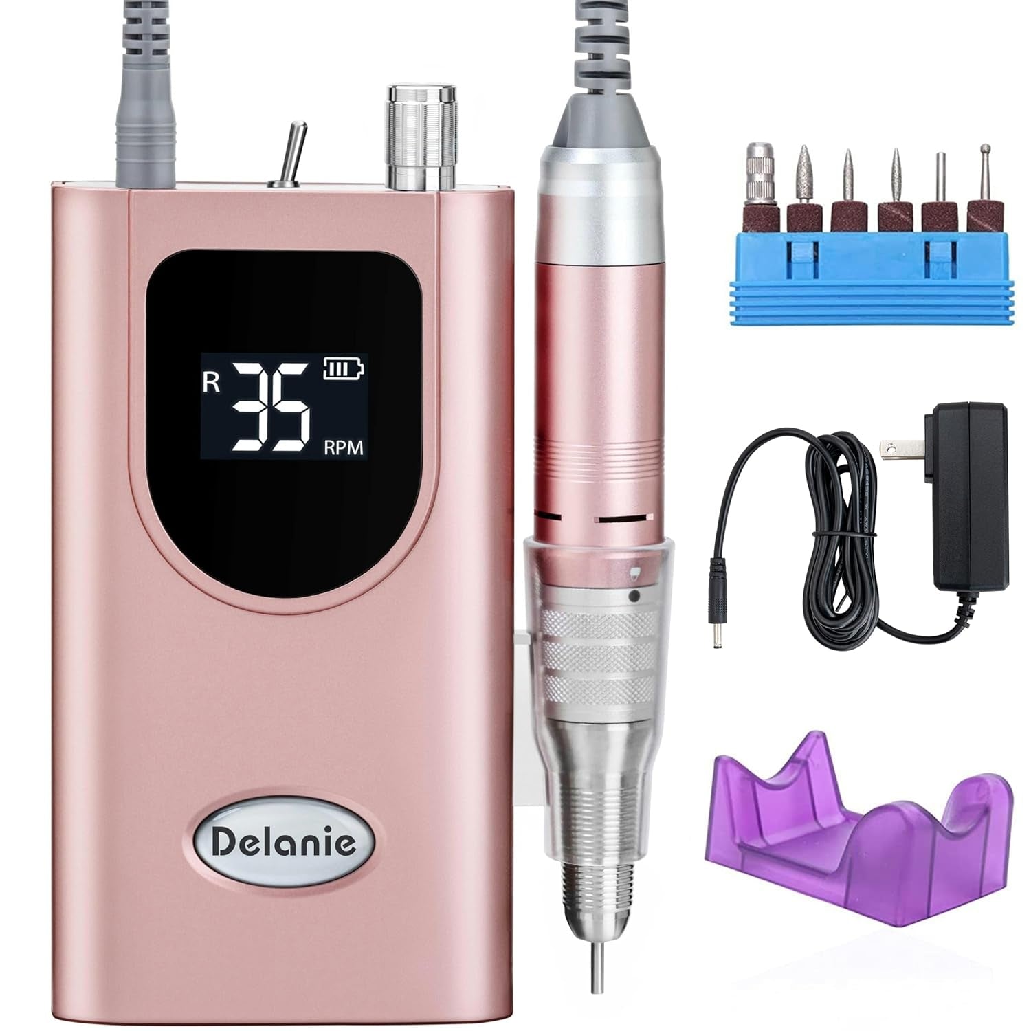 Delanie Professional Nail Drill High Torque 35000 RPM Rechargeable Portable Electric Nail File Filer for Acrylic Gel with Cuticle Bits, Salon Manicure Tool, Purple