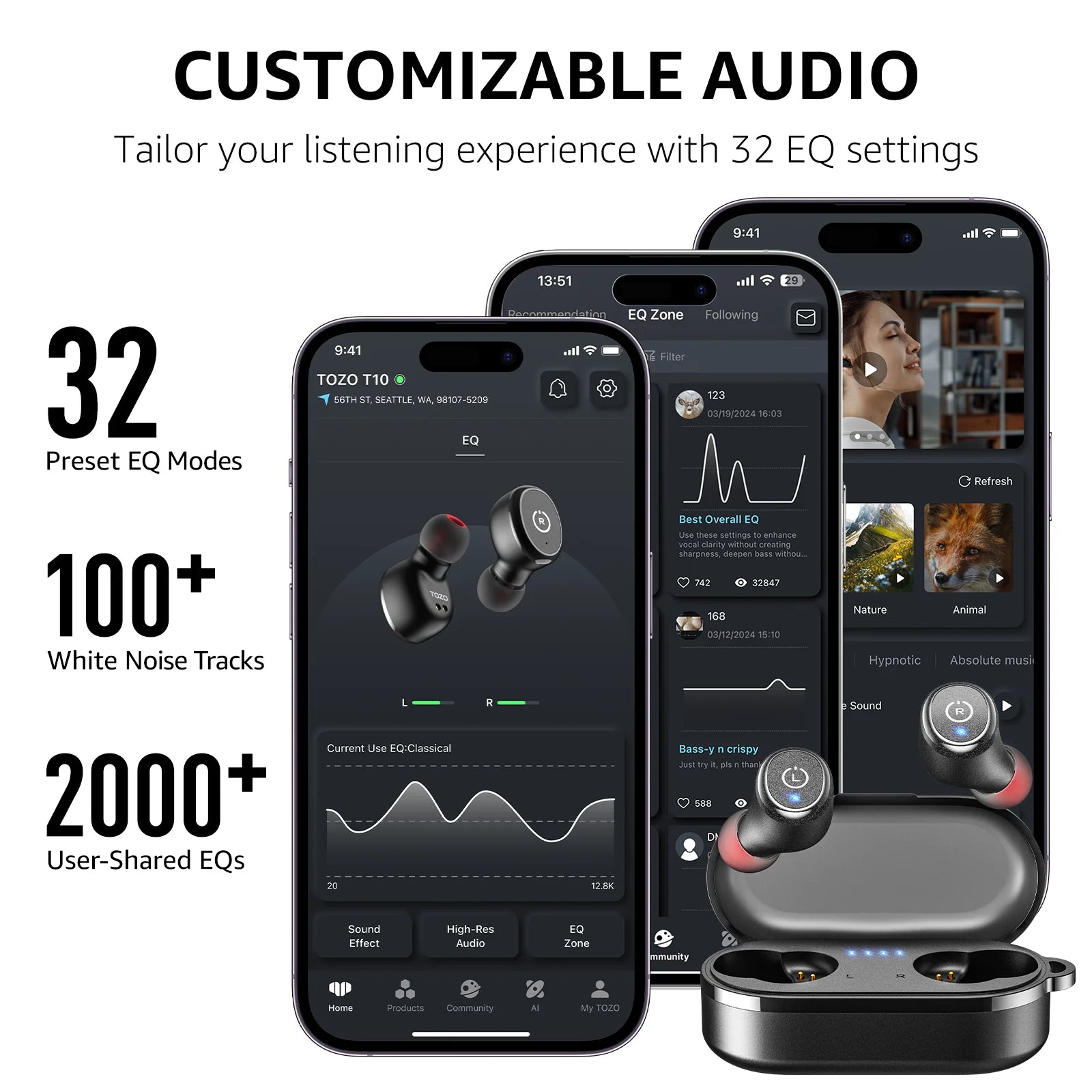 TOZO T10 True Wireless Bluetooth 5.3 Earbuds, Noise Cancelling Mic, 55H Playtime, IPX8 Waterproof, Black