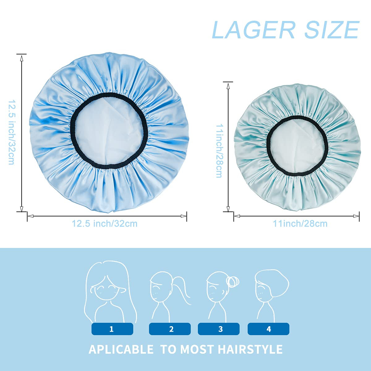 Aquior Shower Cap,4-Pack Large Shower Caps for Women Long Hair, Premium Soft Silky Satin Reusable Hair Cap for All Hair Lengths and Big Hairstyles