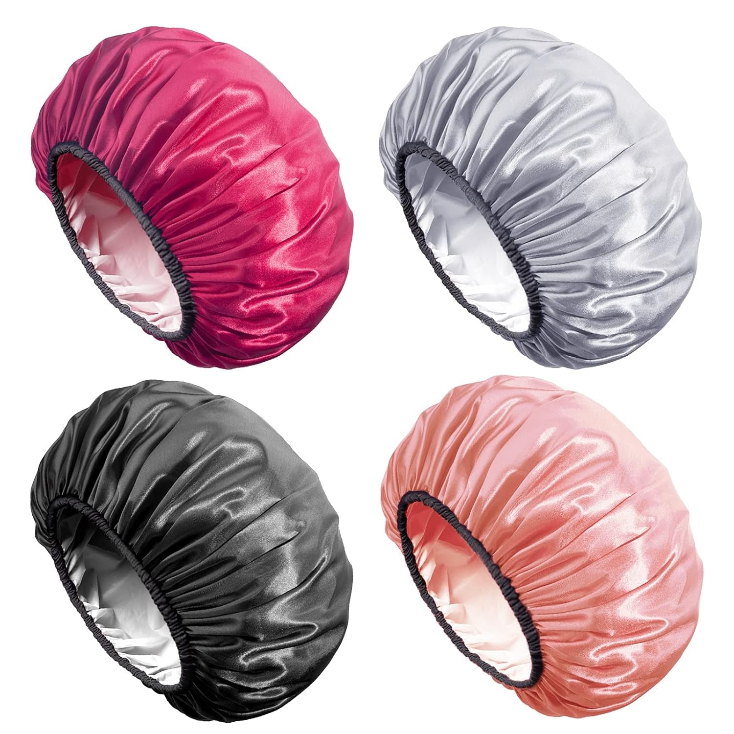 Aquior Shower Cap,4-Pack Large Shower Caps for Women Long Hair, Premium Soft Silky Satin Reusable Hair Cap for All Hair Lengths and Big Hairstyles