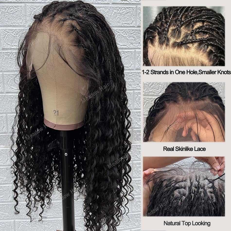 Boho Box Braids Wig Brazilian Virgin Full Lace Human Hair Wigs Transparent Lace Glueless Square Parted Boho Braided Wigs Human Hair Knotless Pre Plucked Glueless for Black Women 24Inch