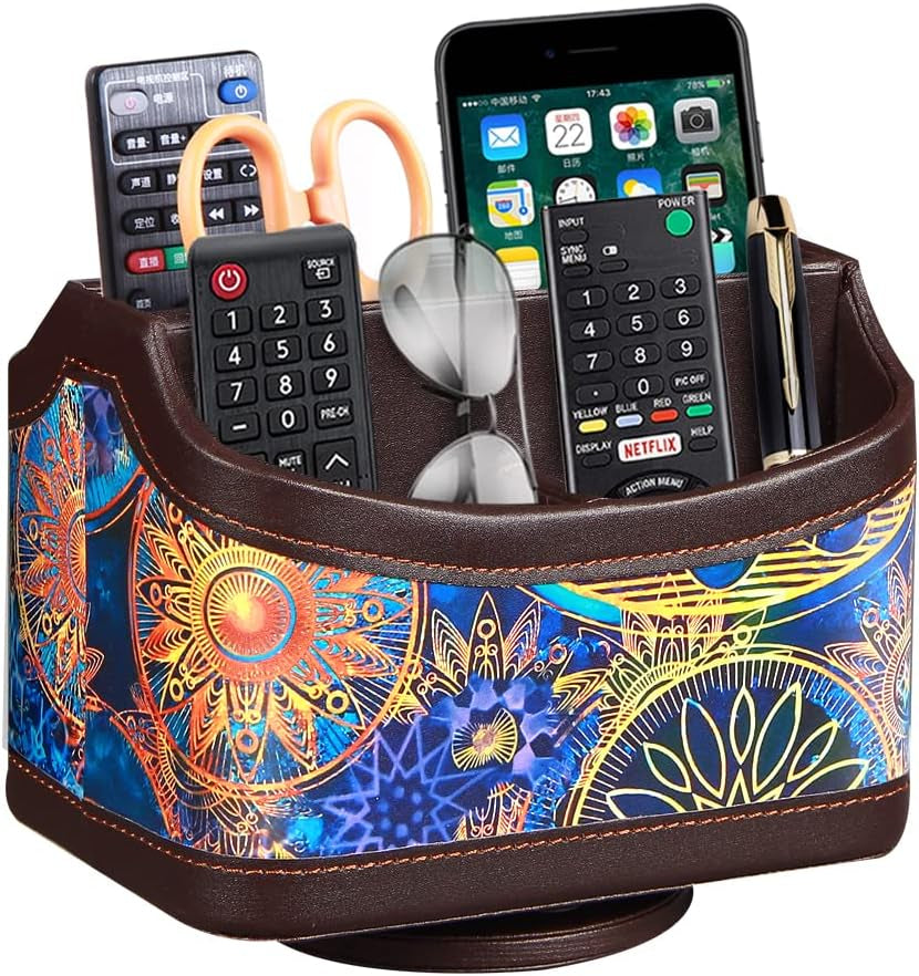 PUSU Leather 360°Rotatable Remote Control Holder,Nightstand TV Remote Caddy,Office Supplies Desktop Organizer,Spinning Storage Box for Pen,Mail,Phone,Dvd, Blu-Ray, Media Player, Heater Controllers