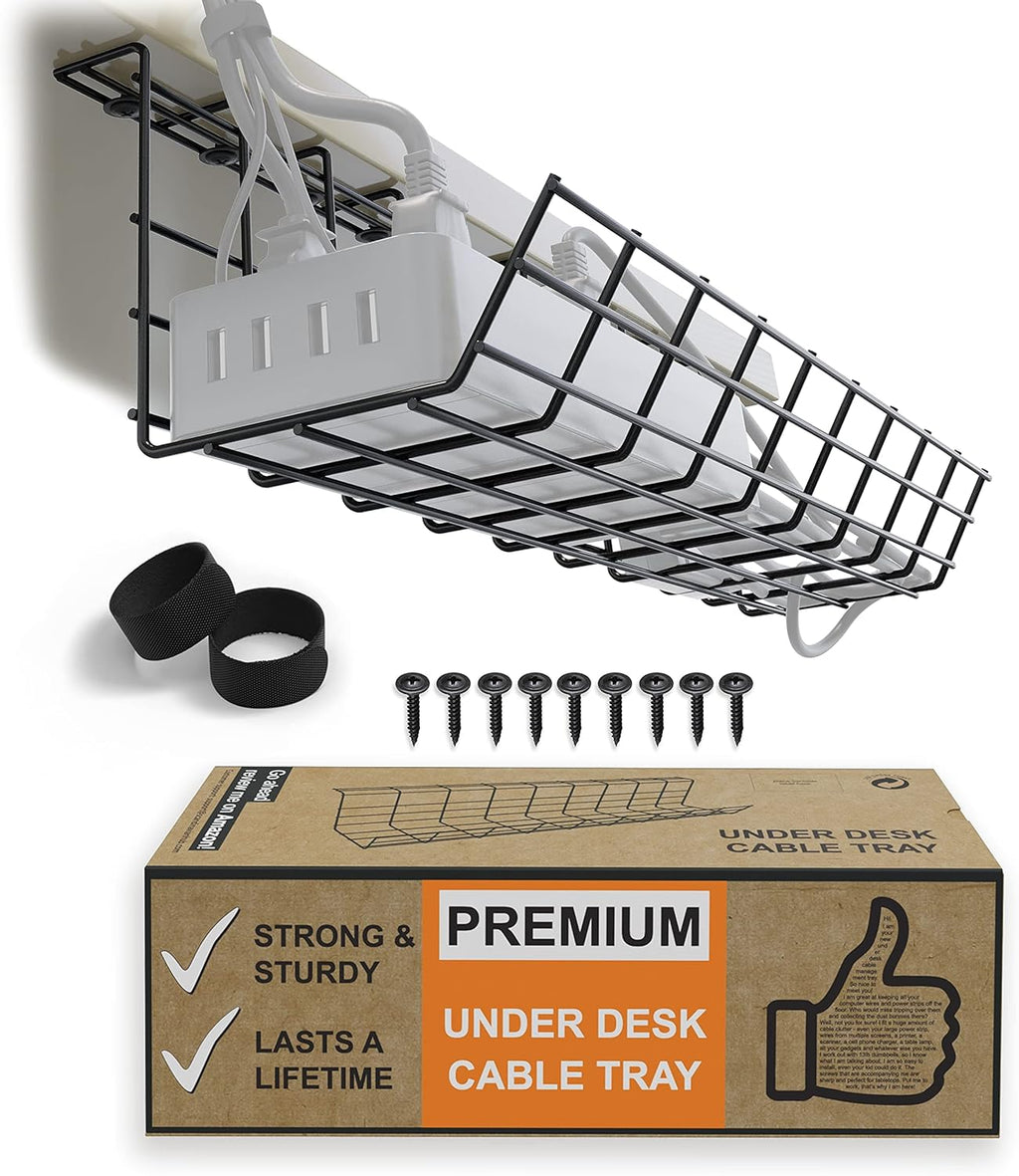 Under Desk Cable Tray, Cord Organizer for Wire, Cord Management, under Desk, Wire Holders - Black Tray - Set of 4X 17