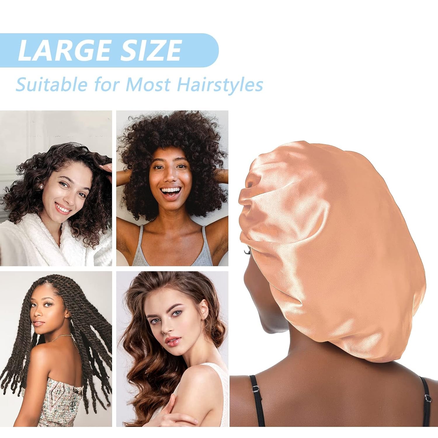 Aquior Shower Cap,4-Pack Large Shower Caps for Women Long Hair, Premium Soft Silky Satin Reusable Hair Cap for All Hair Lengths and Big Hairstyles