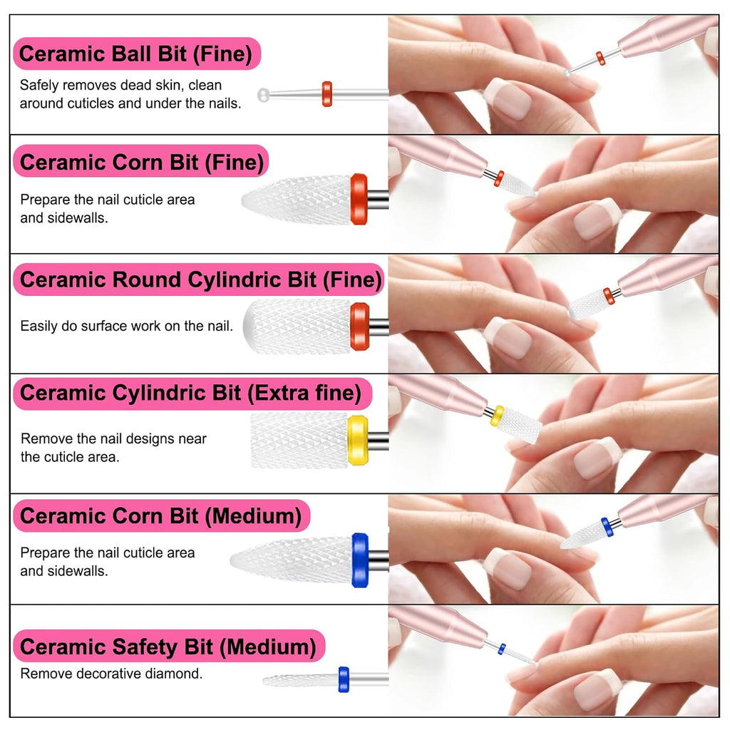 25Pcs Nail Drill Bits Set with Storage Box, 3/32 Inch Tungsten Ceramic Diamond Carbide Nail Drill Bits for Acrylic Gel Polish, Cuticle Efile Remover for Manicure Pedicure