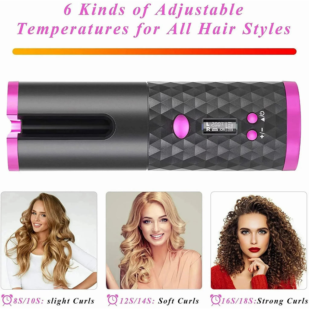 Portable Automatic Hair Curler, Ceramic Rotating Wireless Auto Curling Iron Wand, Emlimny Portable USB Rechargeable Spin Curler for Hair Styling (Black)